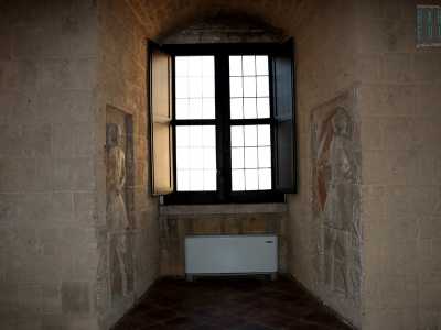 Entriamo quindi nella sala di Bona Sforza, la pi� rappresentativa del piano nobile. Da un lato una fila di finestre rientranti d� sul cortile: spicca in particolare quella centrale...
